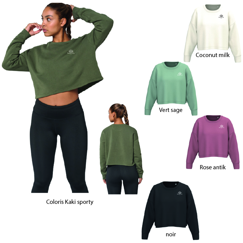 NAVYA - PA395 - sweat shirt CROP col rond NAVYA - PA395 - Sweat-shirt CROP col rond - noir, rose antique, kaki sporty, coconut milk, vert sage – Image 1